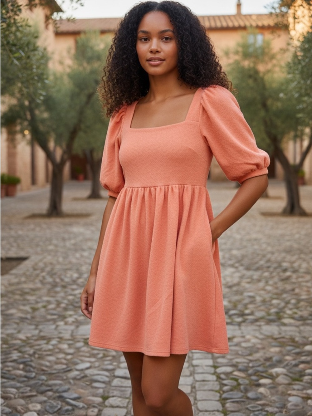 Elegant Orange Puff Sleeve Midi Dress